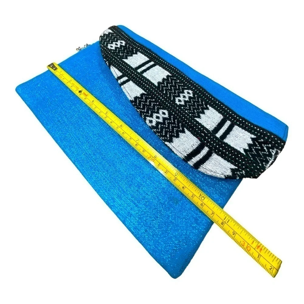 Blue Envelope Clutch Purse Black & Silver Geometric Pattern Fabric Wristlet